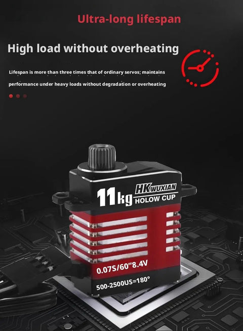 Premium 11Kg Digital Servo Motor Featuring A Blazing Fast Hollow Cup Coreless System And Knockout Full Metal Gears For RC Cars Planes Helicopters And Robots Built Tough Smooth Running Red Finish on a circuit board.