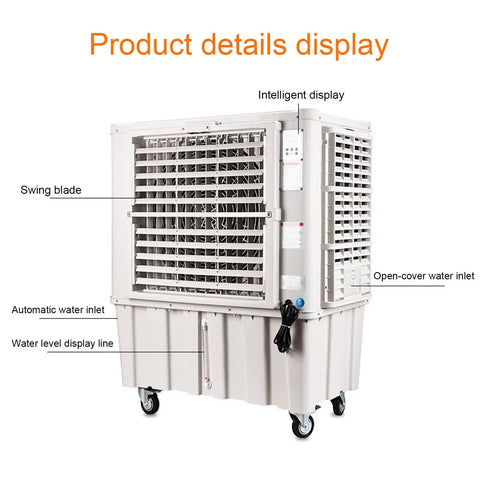 Portable Evaporative Air Cooler With Built In Water Tank And Easy Grip Remote Control, side view showing swing blade and water level.