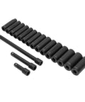 Ditch The Old Kit And Grab This 18 Pcs Drive Socket Set For Real Auto Repairs. Heavy Duty Steel Hex Sockets Range From 10 To 24mm Plus Extension Rods And A Nifty Storage Box For Every Tool Lover Ready For Some Serious Work. 18-piece metric socket set with extension rods, 10-24mm, black steel