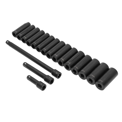 Ditch The Old Kit And Grab This 18 Pcs Drive Socket Set For Real Auto Repairs. Heavy Duty Steel Hex Sockets Range From 10 To 24mm Plus Extension Rods And A Nifty Storage Box For Every Tool Lover Ready For Some Serious Work. 18-piece metric socket set with extension rods, 10-24mm, black steel
