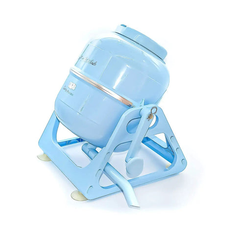 Compact Manual Portable Washing Machine For Apartments And Rvs No Hookups Required Countertop Mini Clothes Washer Fast Fresh Threads Spin Cycle For Tiny Homes And Everyday Laundry Needs Blue, side view on stand.