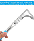Hand holding 11.4 Inch Serrated Weeding Knife Set for Tight Crevices L Shape Crack Weeder Stainless Steel Garden Tool Dual Pack Weed Pullers Blue