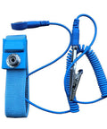 Anti-static wrist strap with blue fabric band, coiled cord, and grounding clip for ESD protection