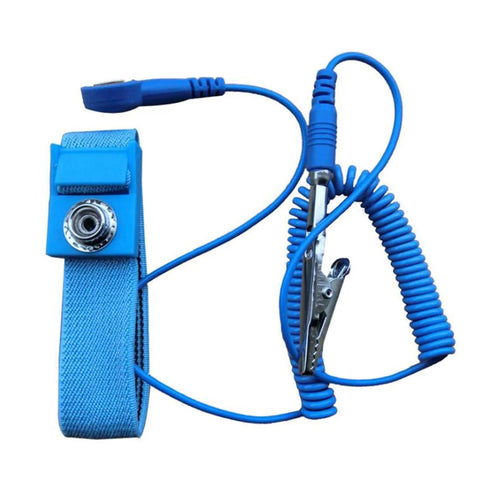 Anti-static wrist strap with blue fabric band, coiled cord, and grounding clip for ESD protection