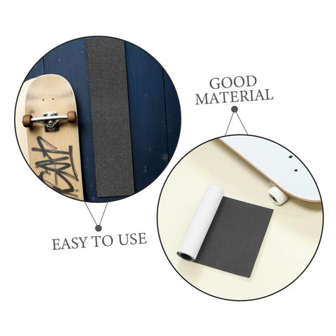 Two Pack High Grip Sandpaper Traction Tape for Skateboards and Scooters 84x23cm shown with skateboard and detailed texture.
