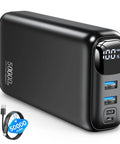 Ultra 50000mAh Portable Charger With PD 22.5W Fast Charging And Hella Solid Power Bank showing three charging ports and digital display.