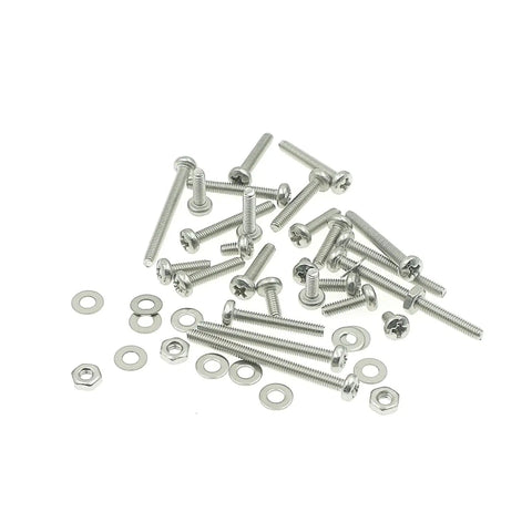 M2.5 Phillips Pan Head Machine Screws Nuts Flat Washers Kit in 304 Stainless Steel scattered on a white surface