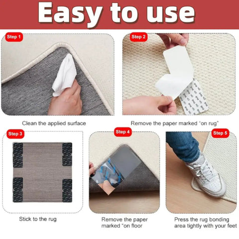 Non Slip Rug Grippers With Strong Adhesive Double Sided Tape For Area Rugs Keeps Corners Flat, Stops Sliding On Hardwood Or Tile Floors, Removable, Reusable, And Washable, 10 Pack usage steps