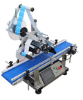Automatic Flat Labeling Machine With Conveyor Belt For Plates And Shop Merch Smart Sensor Desktop Label Applicator 110V Heavy Duty featuring blue conveyor belt.