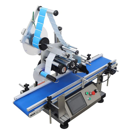 Automatic Flat Labeling Machine With Conveyor Belt For Plates And Shop Merch Smart Sensor Desktop Label Applicator 110V Heavy Duty featuring blue conveyor belt.