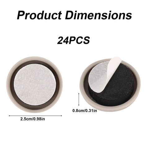 Twenty Four Pack Round Gray Self Adhesive Furniture Sliders Heavy Duty Moving Pads For Carpet Hardwood Tile Floors Easy Chair Table Sofa Glides, product dimensions shown.