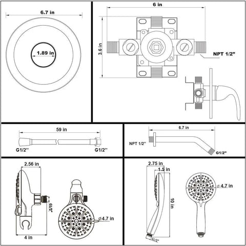 Technical diagram of Chrome Shower Faucet Set With Pro Grade Valve High Pressure Three Way Diverter Dual Shower Head System