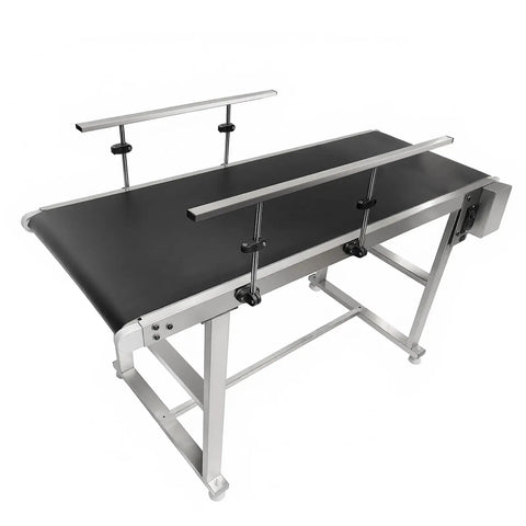 Heavy Duty Workhorse Electric Conveyor Belt With Hassle Free Adjustable Speed And Anti Static PvC Track Rolling Smooth On A Beefy Stainless Steel Base For Worry Free Daily Shipping Grind, showing adjustable speed and sturdy stainless steel frame.