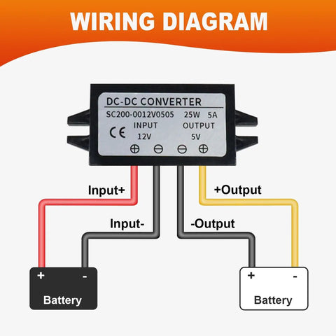 Wiring diagram for Beefy 12V To 5V Buck Converter Module For Cars And Motorcycles, 25W 5A Step Down Regulator.