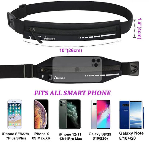 Slim Running Belt For Women And Men, No Bounce Fanny Pack Phone Holder with dimensions 10x1.6 inches, fits all smartphones