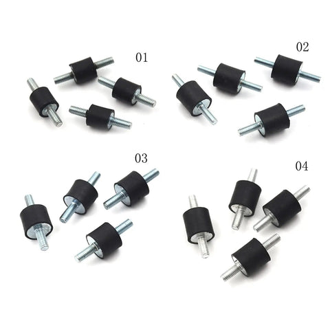 4 Piece Rubber Anti Vibration Mount Kit With M4 M5 M6 M8 Bobbin Mounts, Threaded Isolators For Fitness Equipment, Air Conditioning, And Welding Machines, Heavy Duty Vibe Dampers To Quiet Rattle And Reduce Vibration. Four black rubber threaded isolators with metal studs, sizes 01-04.