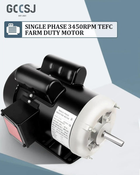 Five Horsepower Single Phase Farm Duty Electric Motor, 3450 RPM, 56 Frame, 208 To 230 Volts, 60 Hertz, Shaft Diameter Five Eighths Inch, CW CCW TEFC, Rolled Steel Housing
