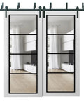 Easy Glide Sliding Closet Doors Set With Clear Glass Barn Door Style Bypass Panels Heavy Duty 8 Ft Rails in modern bedroom