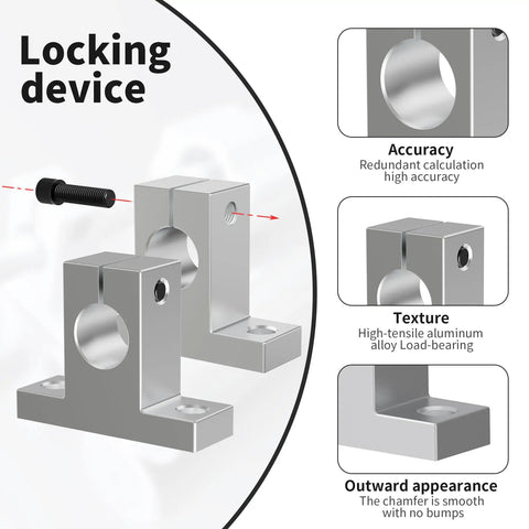Go-To Four Pack SK10 Linear Shaft Rail Support Brackets, 10mm Diameter, Vertical Guide For CNC Machines And 3D Printers, Aluminum Finish With Oxidation Treated Surface, Includes M4 Locking Bolt And M5 Clamping Bolt, 32mm Hole Spacing; aluminum shaft bracket with locking device