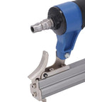 Close-up of the grip and trigger of the Sleek Lightweight Pneumatic Brad Nailer Badass Aluminum Build design.