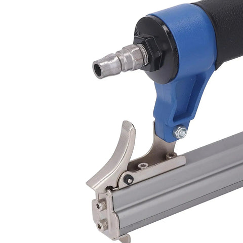 Close-up of the grip and trigger of the Sleek Lightweight Pneumatic Brad Nailer Badass Aluminum Build design.