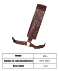Medieval Sword Back Holster for Cosplay with brown PU leather, adjustable straps, suitable for 120cm chest, 300g, 7-10cm sword width.