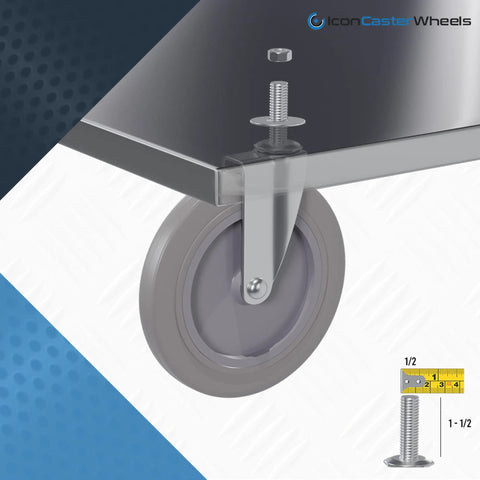 Five Inch Non Marking Rubber Caster Wheels Four Pack With Standard Threading Stem installed on a cart with threaded bolt.