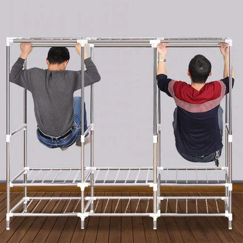 Two individuals demonstrating a Portable Wardrobe Closet 49 x 17 x 66 Inch, Waterproof Fabric Cover, Heavy Duty Steel Tube Frame.