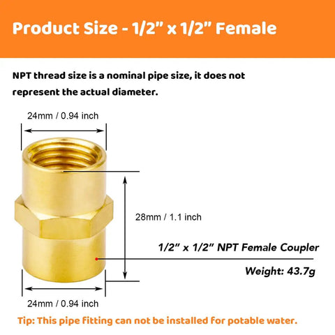 3 Pack Half Inch Brass Coupler Set Half Inch NPT Female To Female Hex Nipple Air Hose Fittings with dimensions and weight