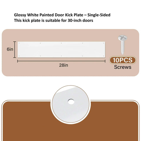 Heavy Duty Aluminum Kick Plate Door Scratch Guard 6 X 28 Inches Gloss White Finish Tough Pet Proof Barrier with screws.