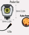 Ultra Bright Waterproof LED Headlight For Electric Bikes, 3 Pin Female Connector, 36V 48V Front Fork Mount dimensions shown