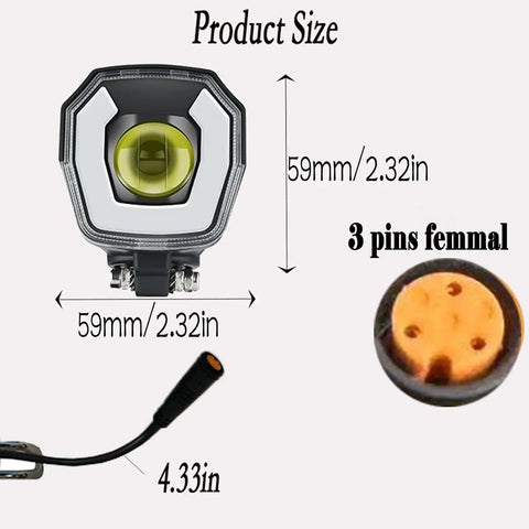 Ultra Bright Waterproof LED Headlight For Electric Bikes, 3 Pin Female Connector, 36V 48V Front Fork Mount dimensions shown
