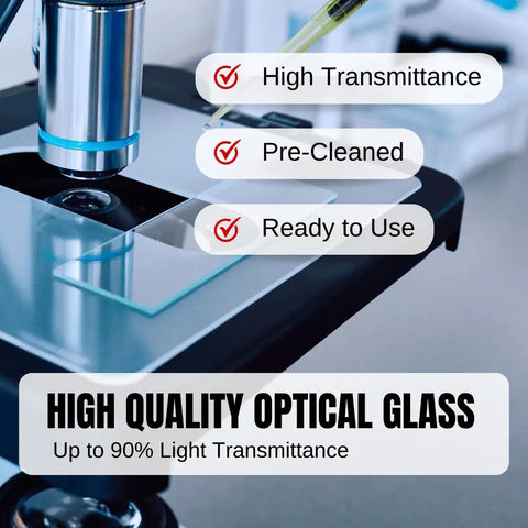 Close-up of a microscope with a focus on a pre-cleaned optical glass slide, highlighting high transmittance and quality text.
