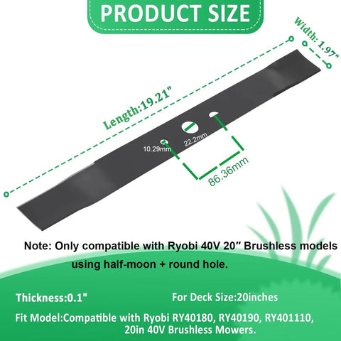 Diagram of 20 Inch Lawn Mower Replacement Blade For Ryobi 40V Brushless RY40180 RY40190 RY401110 Not For Cross Cut Models Ships Unsharpened