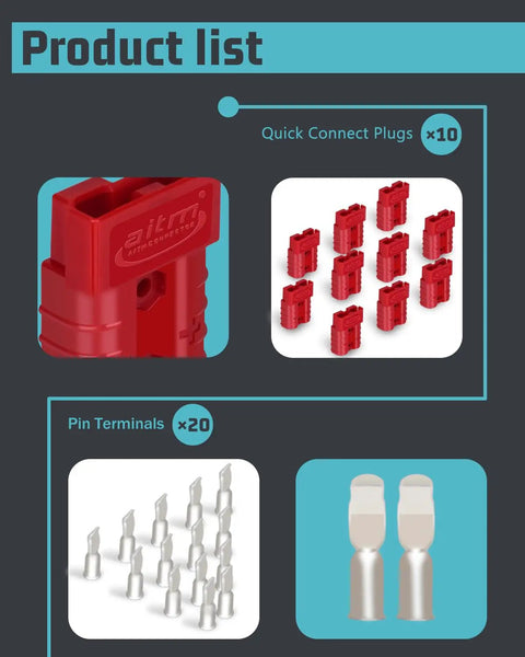Top Shelf 10 Piece Battery Cable Connectors Rated For 600 Volts And 50 Amps Heavy Duty showing red quick connect plugs and pin terminals.