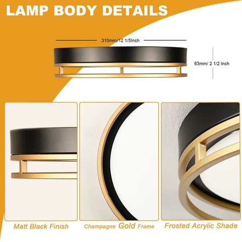 12.5 Inch LED Flush Mount Ceiling Light 26W 1700 Lumens Dimmable With 3 Color Temp 3000K 4000K 5000K, black gold details in focus