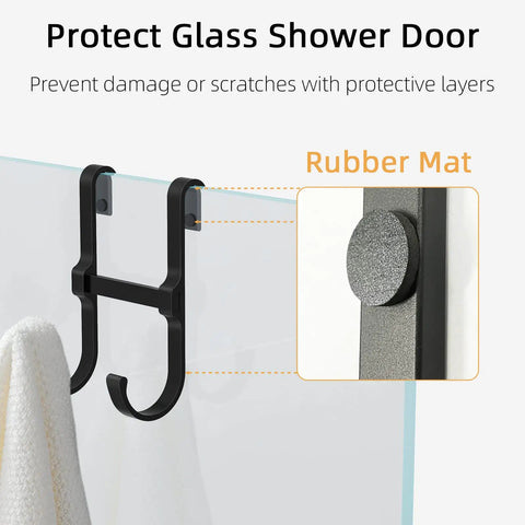 Glass Shower Door Hooks Two Pack Over Door Towel Hangers Matte Black on 0.5 inch frameless door with rubber mat protection.