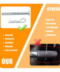 Comparison image showing Heavy Duty Clevis Pin With R Clip One Quarter Inch By Two And One Half Inch Pack Of Two For Home Farm And Auto Projects Made Of Steel In Silver Tone alongside a competitor's product with benefits highlighted.
