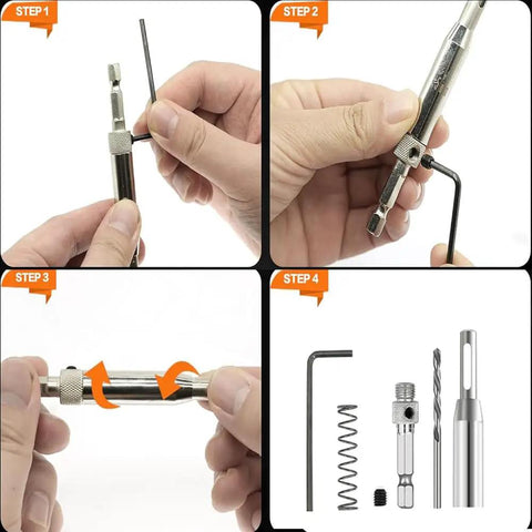Knockout Four Piece Hinge Mortising Drill Bit Set With One Quarter Inch Hex Shank And Included Allen Wrench during assembly steps.