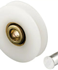 Industrial Strength Sliding Screen Door Replacement Rollers Featuring High Density Polyethylene Wheels And Precision Ball Bearing Axles For Smooth Riding Doors Quick No Sweat Swap Setup Sold As A 2 Pack, showing a 1 inch white wheel with brass axle.