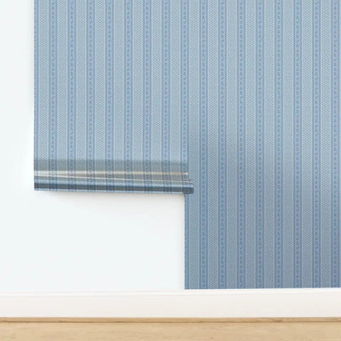 Blue Floral Stripe Wallpaper Featuring Silver Metallic Accents And Textured Fibrous Weave For Dope High End Vibes Easy Paste The Wall Method in room setting.