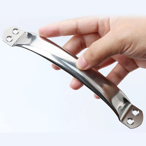 Hand holding stainless steel drawer handle for cabinets and furniture heavy duty multipurpose hardware with rounded corners