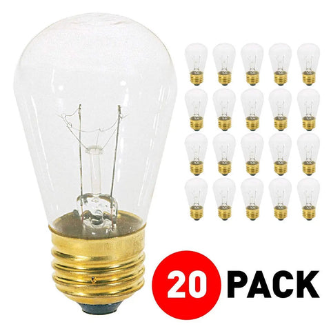 11S14 C 11W Replacement Incandescent Bulbs Clear Glass 2700K Warm White Cozy Glow Dimmable E26 Medium Base For Display Signs Indoor Outdoor Patio String Lights 20 Pack, showing close-up of bulb and 20-pack arrangement.