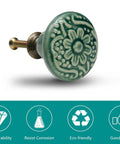 Slick Green Ceramic Cabinet Knobs 12 Piece Set Delivering Boss Level Retro Style And Smooth Grip Handles With Complete Mounting Kit, 33mm round knob with floral design.