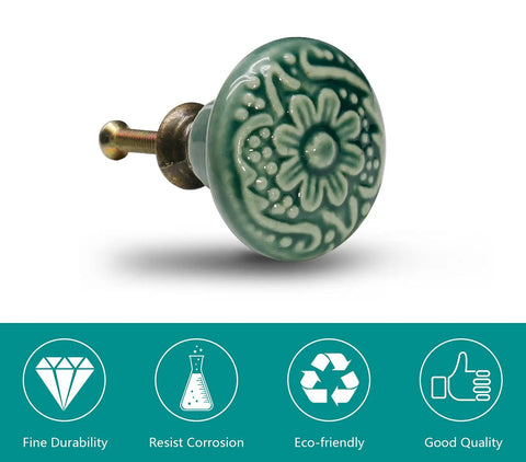 Slick Green Ceramic Cabinet Knobs 12 Piece Set Delivering Boss Level Retro Style And Smooth Grip Handles With Complete Mounting Kit, 33mm round knob with floral design.