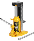 Front view of Yellow Jacket toe jack, 10-ton top-capacity hydraulic jack with lever and extension tubes.