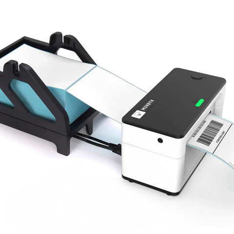 Heavy Duty Pro Grade Label Holder For Rolls And Fan Fold Labels Compatible With Most Desktop Thermal Printers Keeps Shipping Labels Secure On Roll Or Fan Fold Paper Black Finish For Industrial Office Use, shown with thermal printer and fan-fold labels.