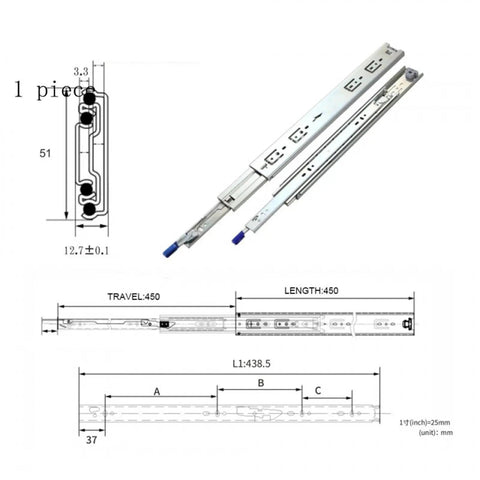 Diagram of Beefy 51mm Galvanized Steel Drawer Slide, Concealed Telescopic Rails, industrial grade, 1 piece specifications.