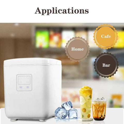 Dope Portable Countertop Ice Maker Features Lightning Fast Six Minute Freeze Tech with drinks and ice cubes at home, bar, and cafe.
