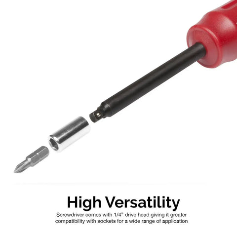 Torque Screwdriver Set With Long Shank And Inch Pound Gauge One Quarter Inch Drive Twenty Hex Bits Adjustable Ten To Fifty Inch Pounds Precision Clicker For HVAC And Gunsmithing showing 1/4-inch drive head with hex bits.